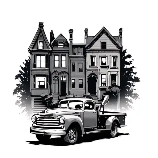 Tow truck towing a car withOld Town houses in the background tattoo design idea
