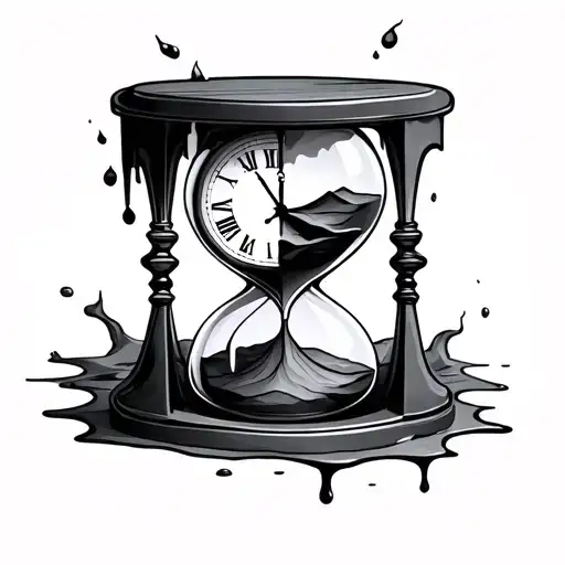 An hourglass with a small crack in the bottom of it leaking sand and a melting clock in the top half tattoo design idea