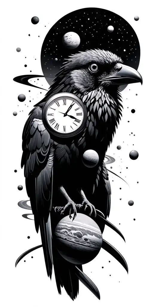 black out space background, planets, crow, time piece tattoo design idea