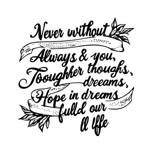 create a tattoo with these 4 phrases: Never without you. Always in thoughts. Together in dreams. Hope fuels our life tattoo design idea