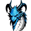 blue face smiling black horns bahamut head tattoo design idea
