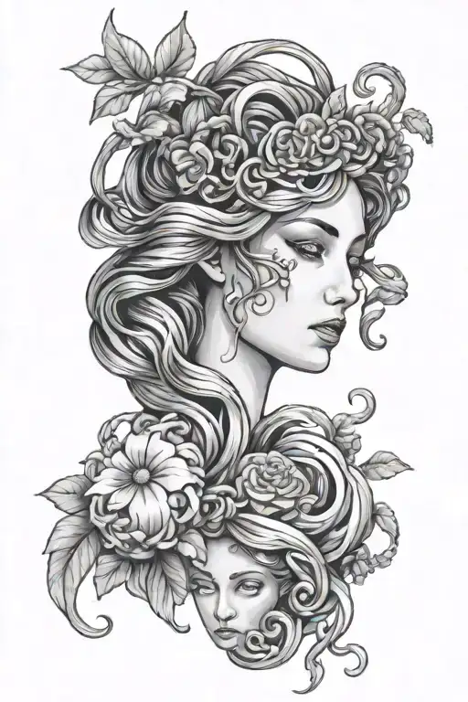 FINE LINE, DARK FEMININE, PERSEPHONE AND MEDUSA NON REALISTIC tattoo design idea