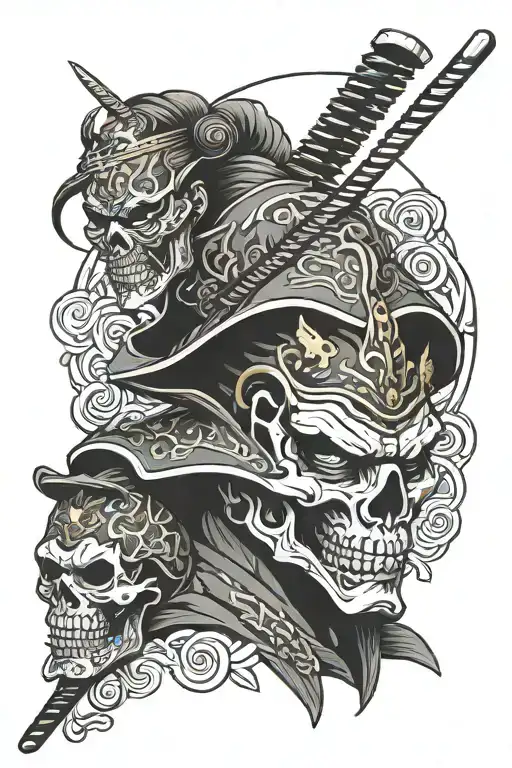 samurai japanes with skull face morphing tattoo design idea