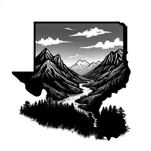 Shape of Texas with Colorado C and mountains and stream tattoo design idea