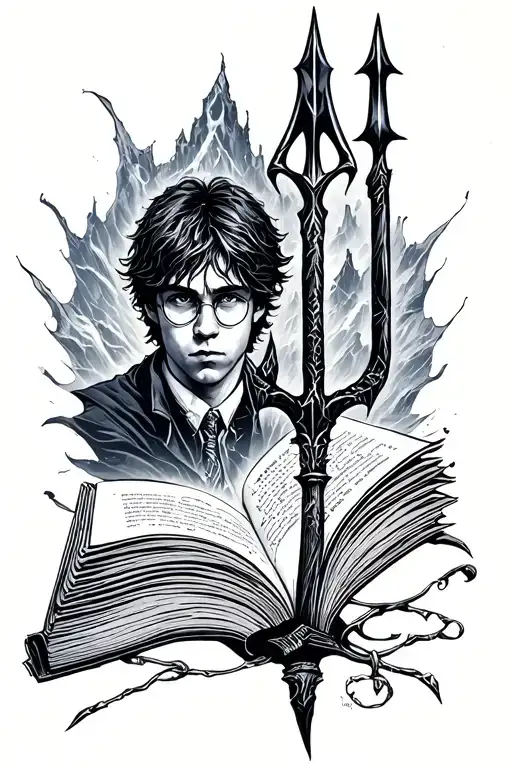book opened with harry potter and percy jackson trident tattoo design idea