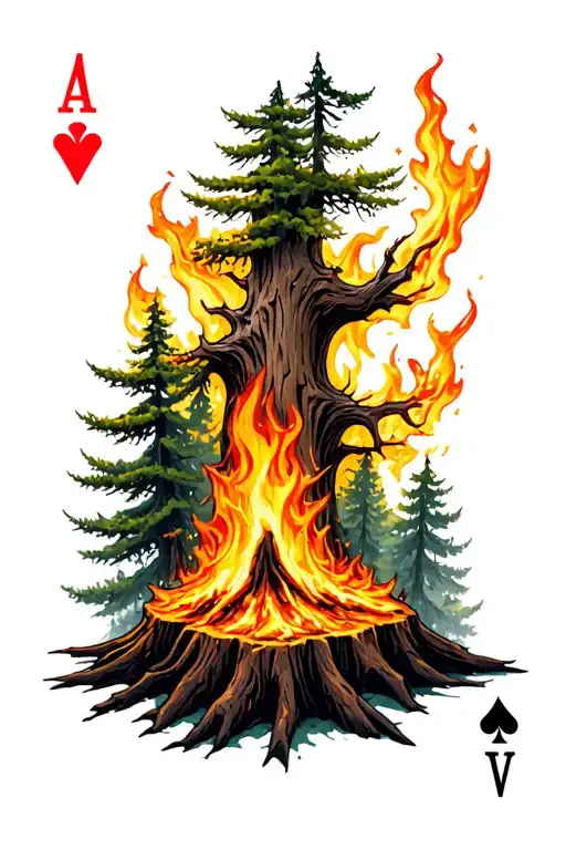 tree stump, forest fire, poker chip tattoo design idea