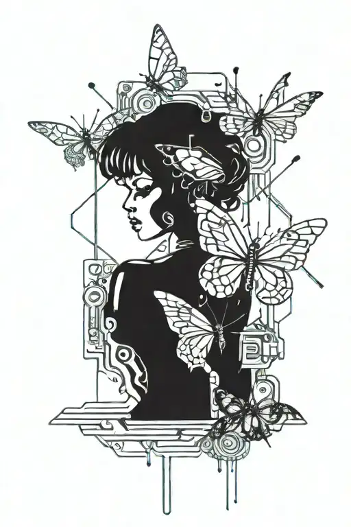 Tattoo design with butterfly and cyberpunk elements in cyberpunk style in monochromatic colors, outline drawing tattoo design idea