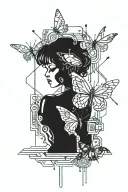 Tattoo design with butterfly and cyberpunk elements in cyberpunk style in monochromatic colors, outline drawing tattoo design idea