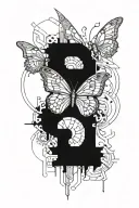Tattoo design with butterfly and cyberpunk elements in cyberpunk style in monochromatic colors, outline drawing tattoo design idea