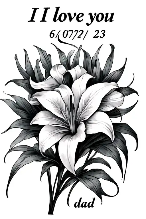 Roman numerals with the date 06/07/23 "I love you" in cursive "dad" like a kid wrote it. surrounded by spider Lilly's  tattoo design idea