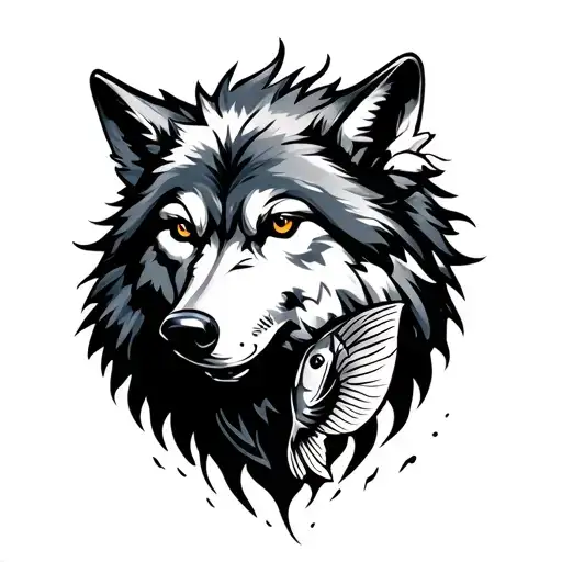 cool wild wolf with fish tattoo design idea