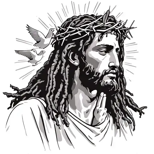 black jesus with dreadlocks wearing a crown of thorns praying hands doves clouds and sunray shining behind jesus head tattoo design idea
