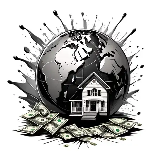 globe with money and splash in the hood with a house tattoo design idea