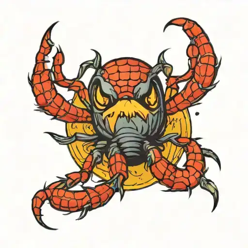 Draw a traditional style tattoo in color showing a spider eating a worm tattoo design idea