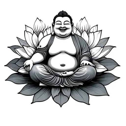 Laughing buddha sitting on a lotus flower blooming tattoo design idea