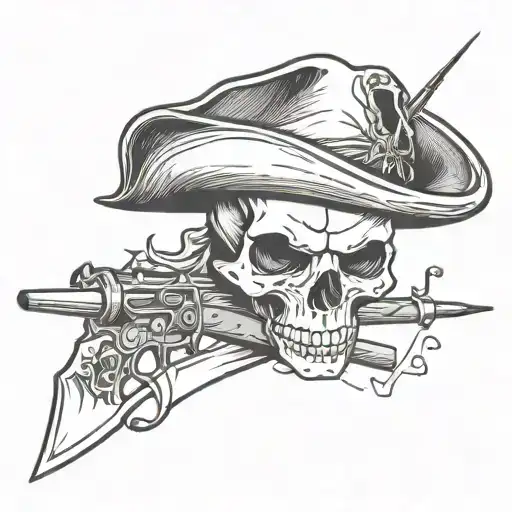 skull wearing tricorn hat with a tomahawk and musket  tattoo design idea