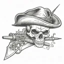 skull wearing tricorn hat with a tomahawk and musket  tattoo design idea
