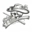 skull wearing tricorn hat with a tomahawk and musket  tattoo design idea