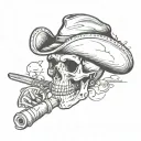 skull wearing tricorn hat with a tomahawk and musket  tattoo design idea