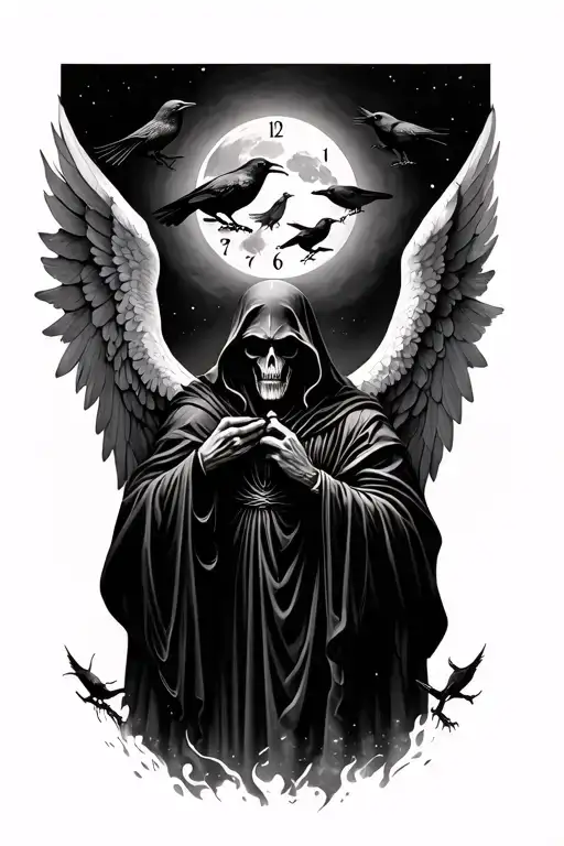 male angel reflection shows grim reaper with dark night with crows and the moon being a father time clock face tattoo design idea