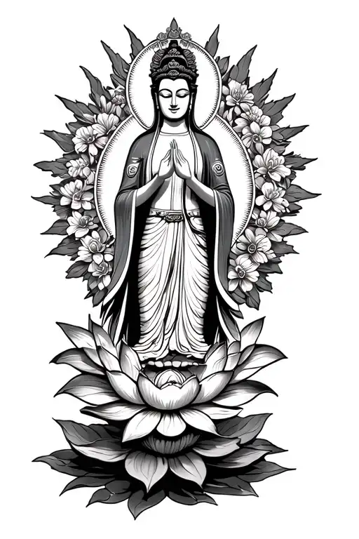 Guanyin bodhisattva standing on a lotus flower blooming in the style of a mexican saint guadalupe tattoo design idea