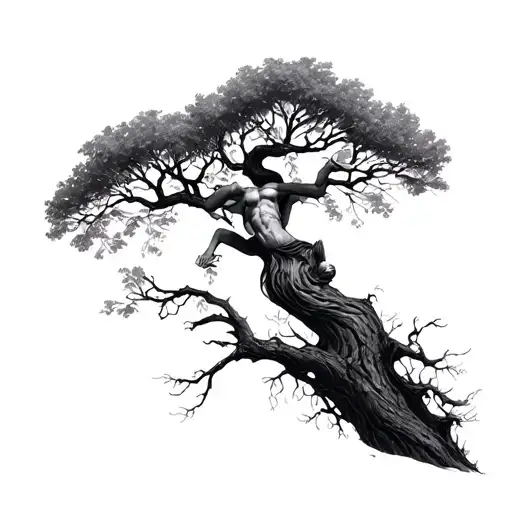 body ascending through tree tattoo design idea