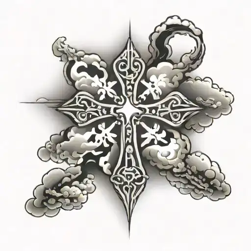 Christian cross with clouds tattoo design idea