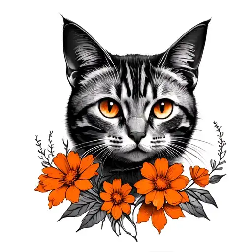 cat orange flowers lines tattoo design idea