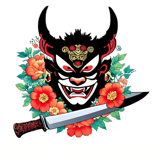japanese oni mask holding knife surrounded by flowers tattoo design idea