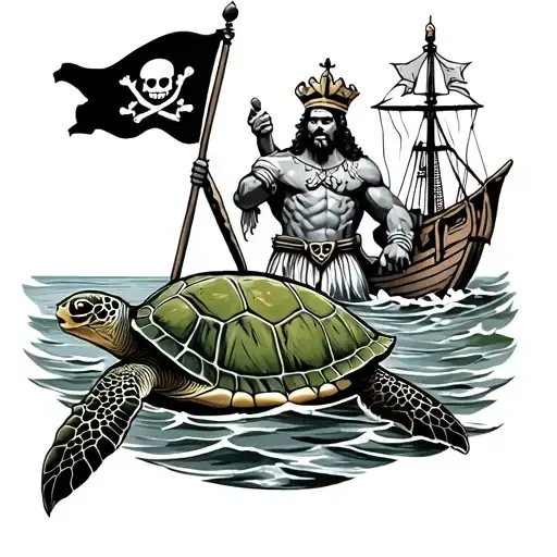 green sea turtle with king Neptune on the ocean with a pirate flag tattoo design idea