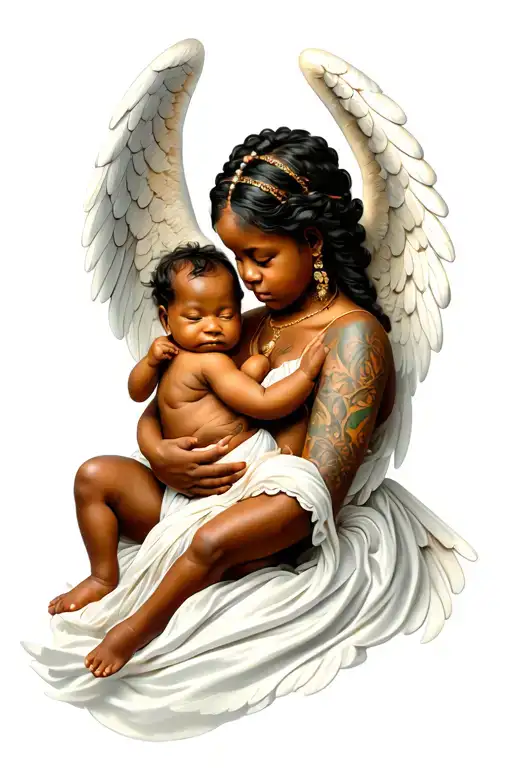 African American angel holding a baby tattoo design idea