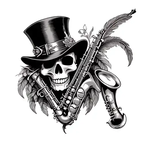 Realistic looking New Orlean's themed black and white tattoo, skull with top hat and feathers, voodoo dolls, saxophone  tattoo design idea