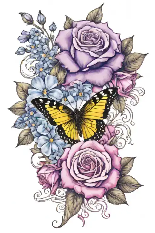 purple and pink rose, forget me nots, and a yellow butterfly  tattoo design idea