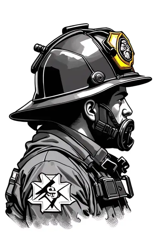 firefighter head only wearing scba with Maltese cross in background tattoo design idea