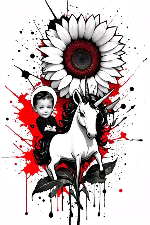single sunflower with unicorn and astro boy, tattoo design idea