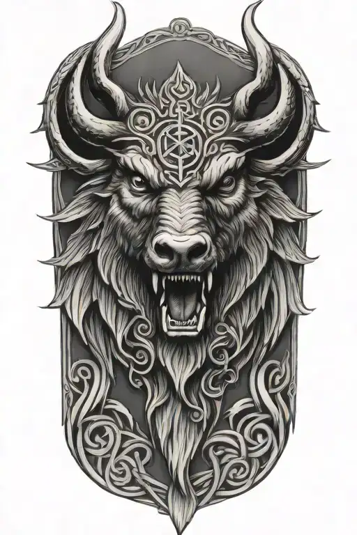 boar head with sword and wings with celtic trinity knot background tattoo design idea