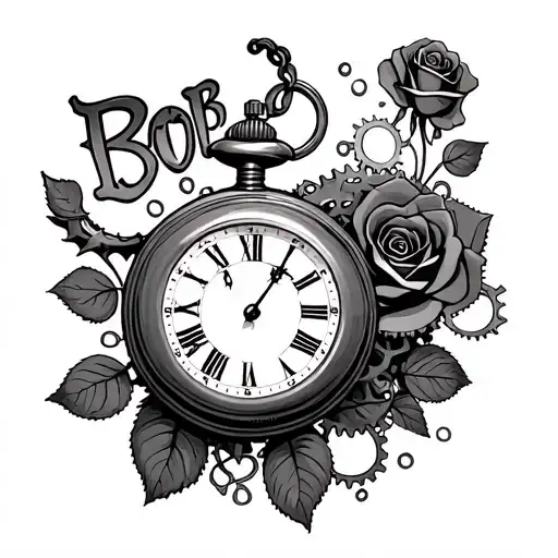 "Bob pop" Pocket Watch with watch cogs around it in the form of Rose Petals with Rose steams and Thornes coming off of it tattoo design idea
