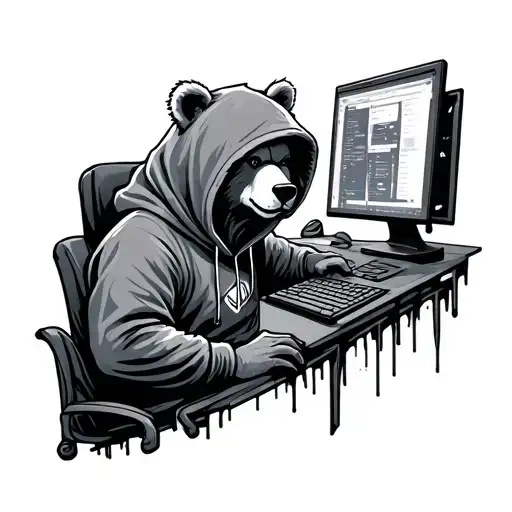 Cyberpunk hacker bear wearing a hoody and hacking on a computer in a neo traditional and graffiti inspired design tattoo design idea