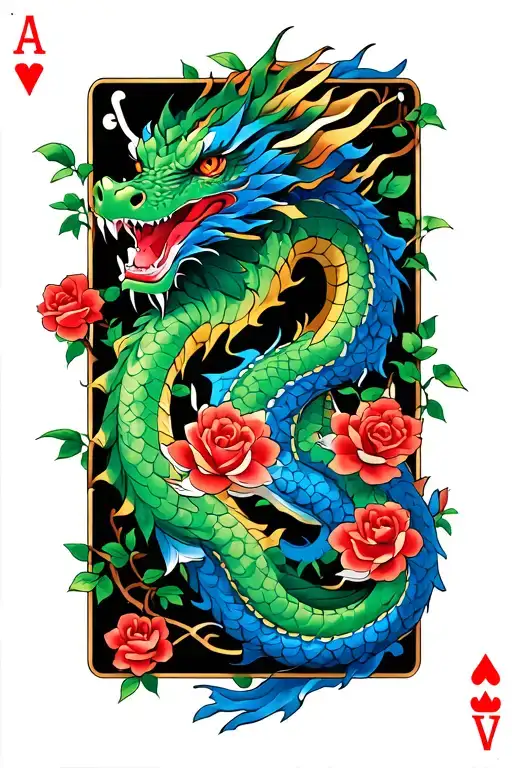 Black Base, 1 Green eastern dragon, 1 blue eastern dragon, vines with roses and ace cards  tattoo design idea