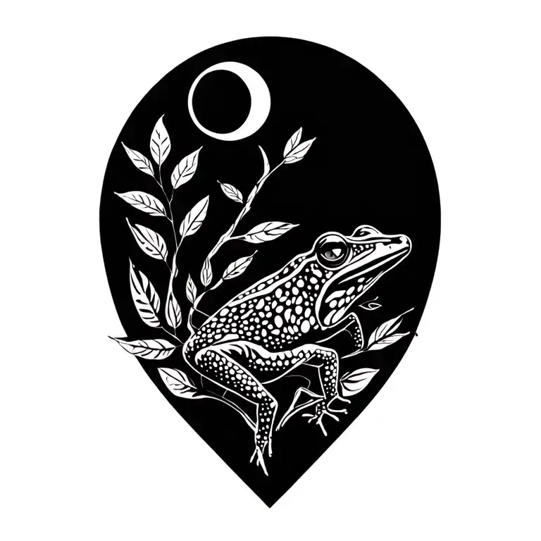 Kambo frog, ayahuasca branch with leaves, waning crescent moon tattoo design idea