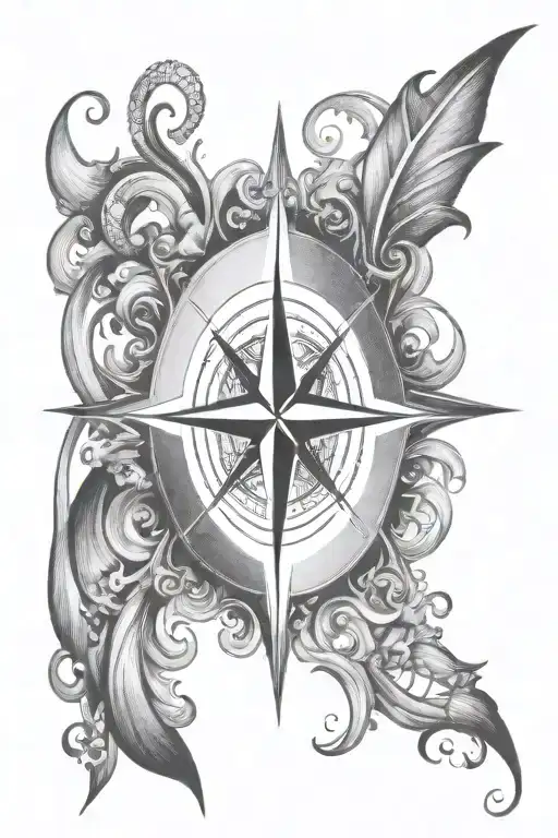 A black-grey design of a compass rose surrounded by swirling waves, symbolizing the client's journey of overcoming challenges and finding their way tattoo design idea