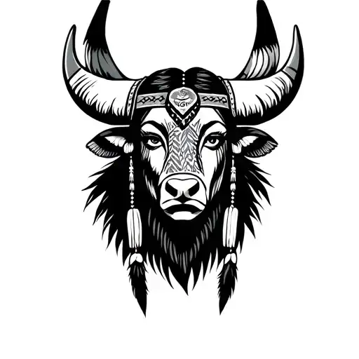 Native American women face with a buffalo head on her head  tattoo design idea