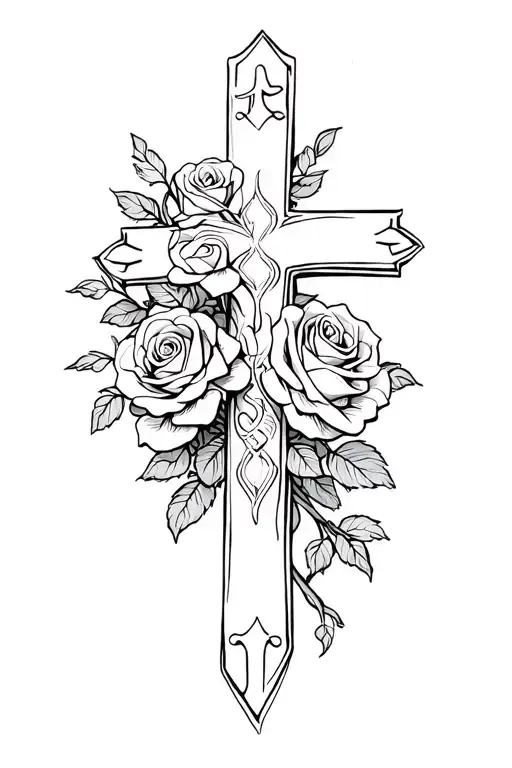  rose bouquet with vines wrapping around crosses, symbolizing the client's love for money and family and my faith in God tattoo design idea