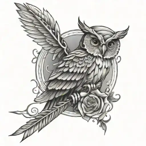 fine line Athena tattoo with spear and owl tattoo design idea