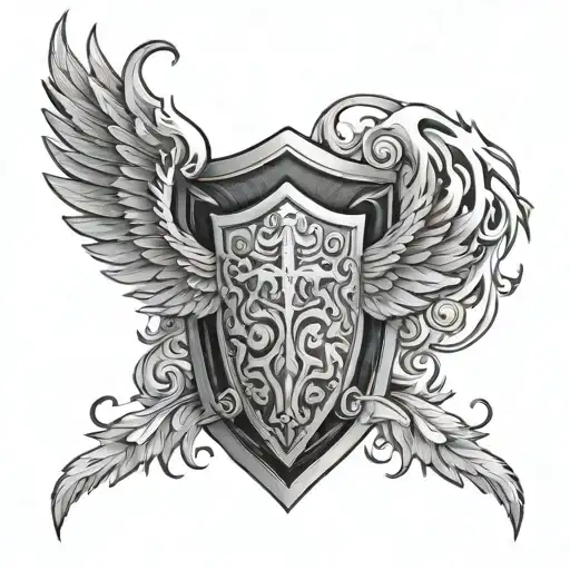 shield with wings and flames back tattoo design idea