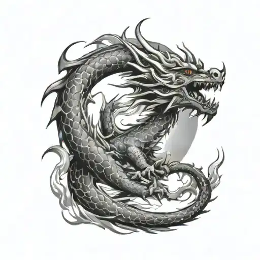 dragon breathing fire rising sun tattoo design idea