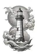 lighthouse that is round framed at the bottom with waves washing around. the ligthouse top has light rays going off it tattoo design idea