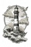 lighthouse that is round framed at the bottom with waves washing around. the ligthouse top has light rays going off it tattoo design idea