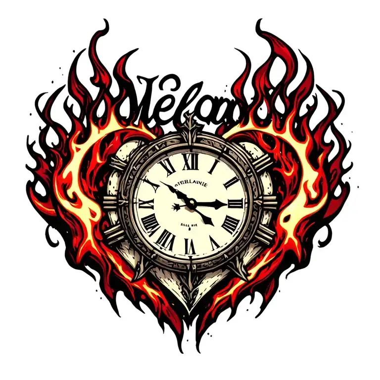 "Mélanie" clock heart in flame tattoo design idea