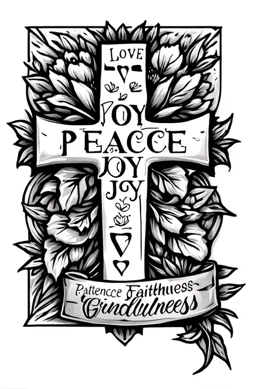 Love Joy Peace Patience Kindness Goodness Faithfulness Grntleness Self-Control in the shape of a cross tattoo design idea